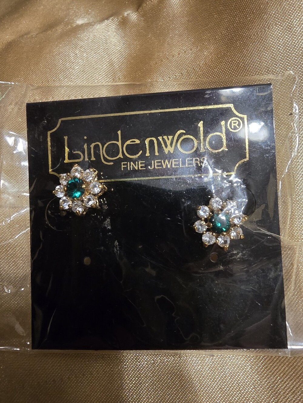 Linden Gold-Tone Floral Stud Earrings with Emerald Green Center